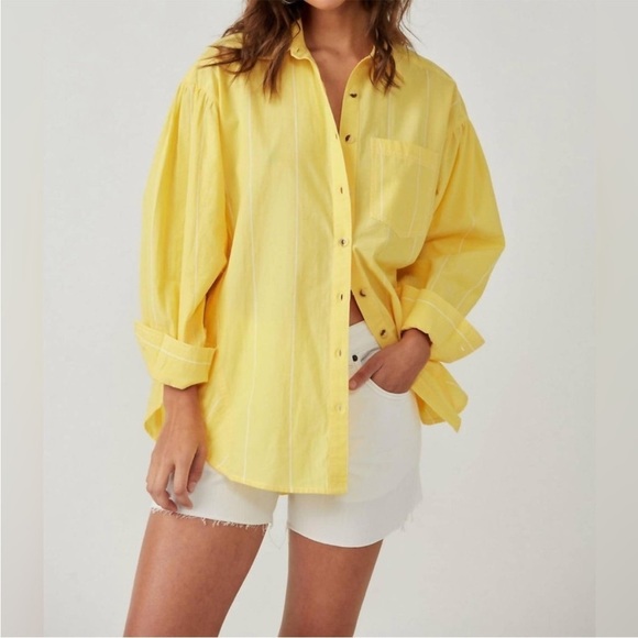 SOLD Free People Happy Hour Stripe Button Down Shirt Yellow Coverup NWOT - Picture 4 of 16